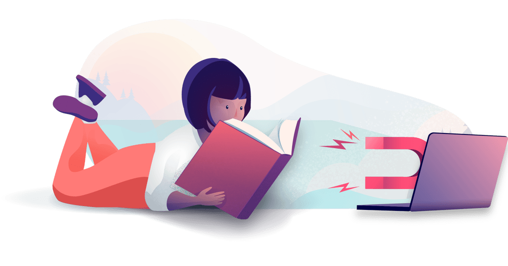 A student relaxes and reads a book, while a magnet emerging from a laptop screen tries to grab their attention