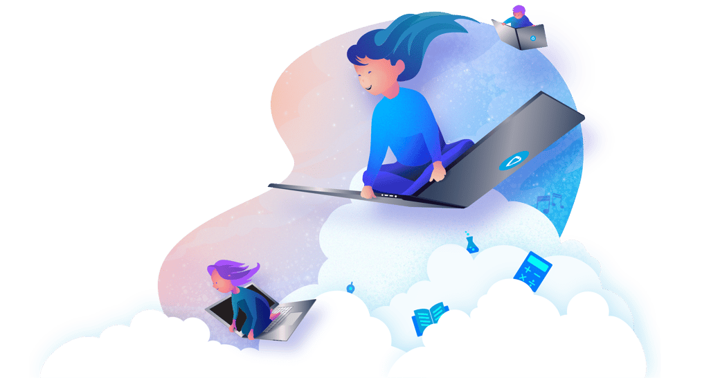 A group of students flying through the clouds on laptops