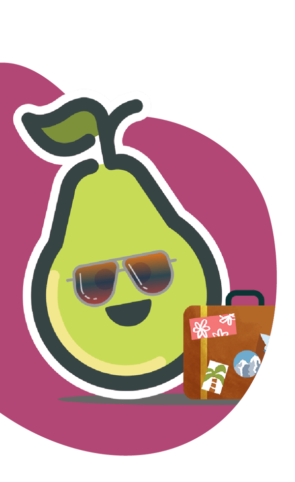 Pear Deck's mascot, Peary, with a suitcase