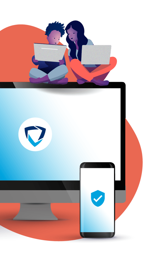 Two students sitting atop a computer displaying the GoGuardian shield, with a nearby phone displaying a security icon