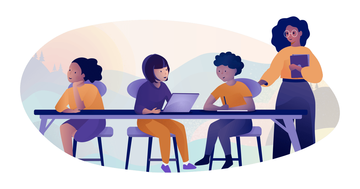 Illustration of a teacher with three students sitting at a desk